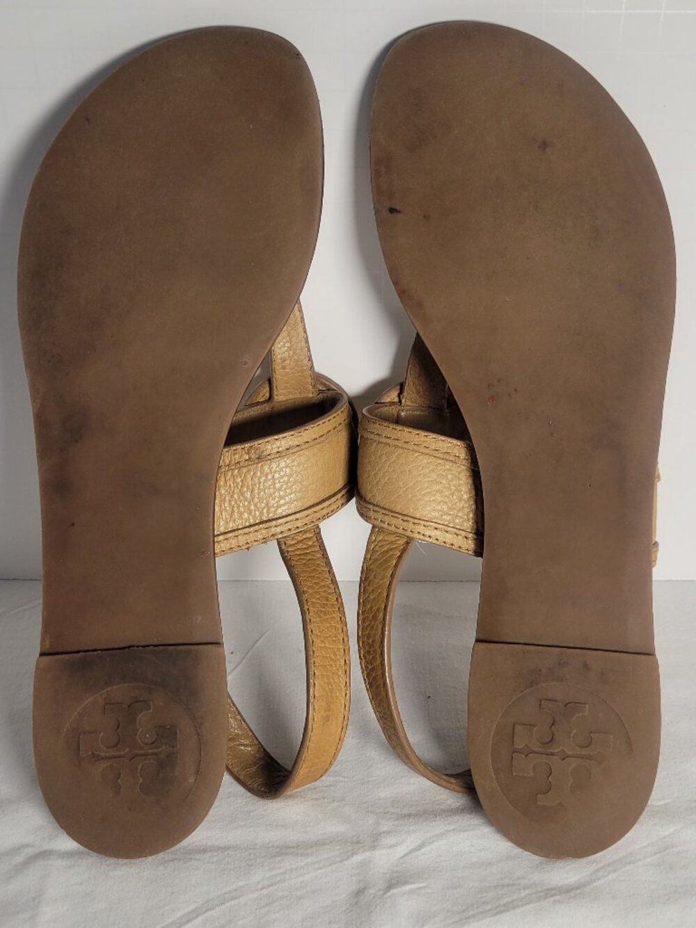 Tory Burch T Logo Leather Thong Sandals Tan Gold Women's Size 9 - Picture 11 of 11